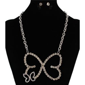 Silver Rhinestone Crystal Butterfly Pendant Necklace Cute Statement Jewelry Set